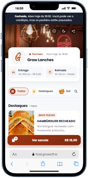 Cardápio de exemplo da Grow Lanches no celular