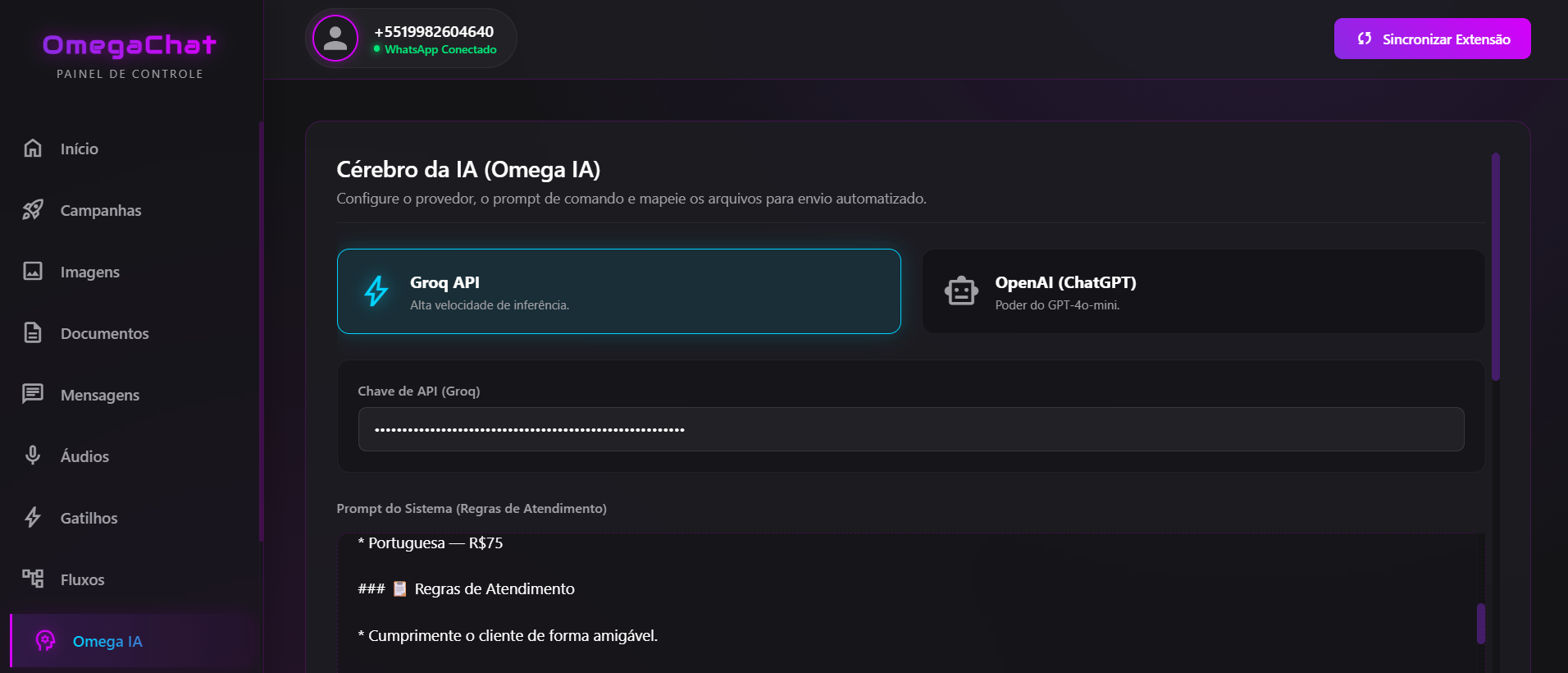Painel IA no OmegaChat